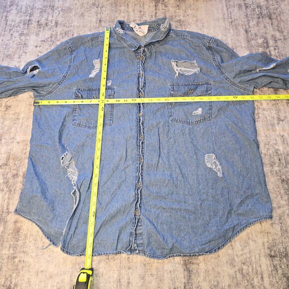 Boho Jane Denim Shirt Womens Large Blue Distressed Blame My Gypsy Soul Patch - Picture 6 of 10
